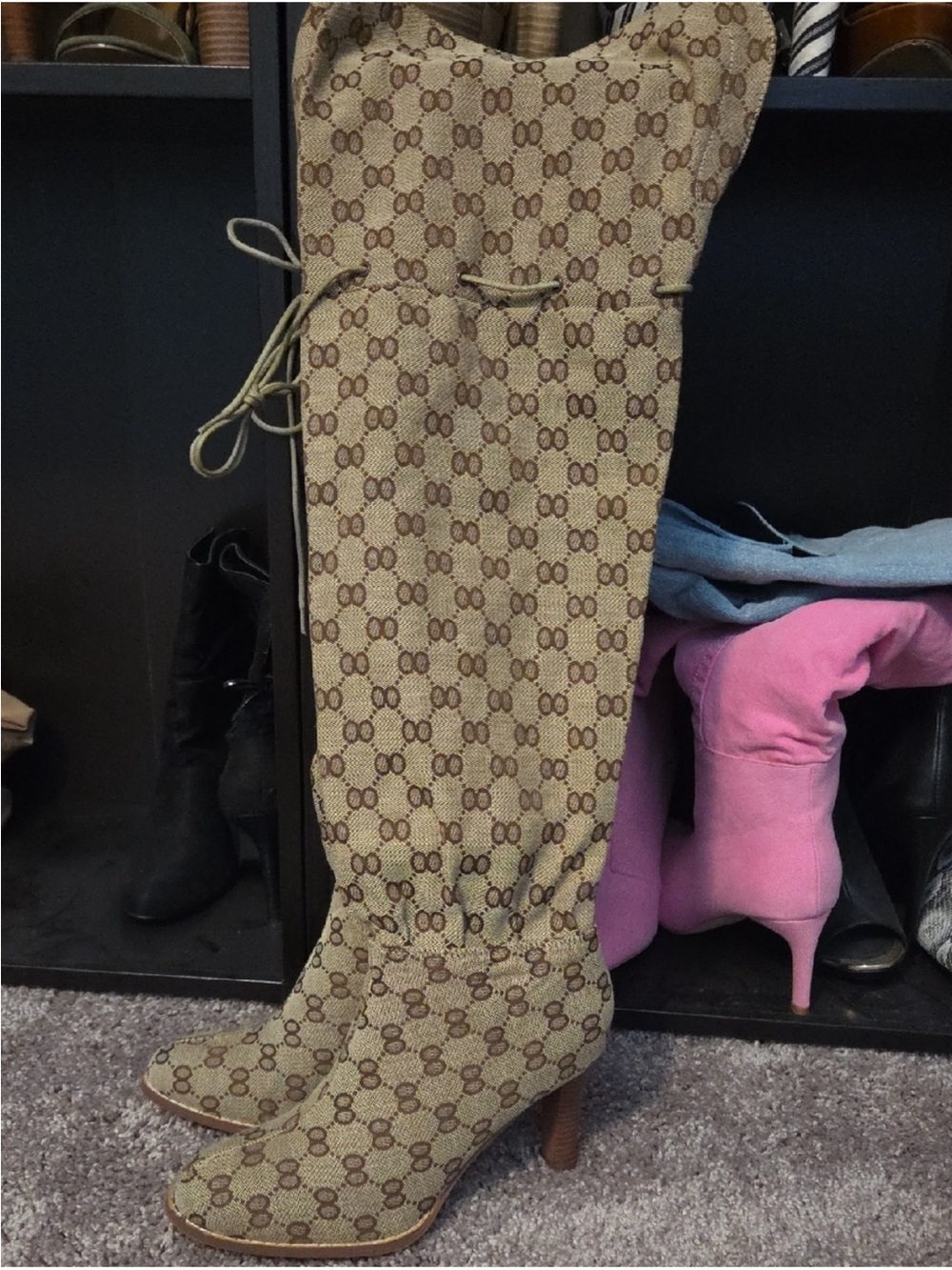 Designer-Inspired Tan Monogram Knee-High Boots
